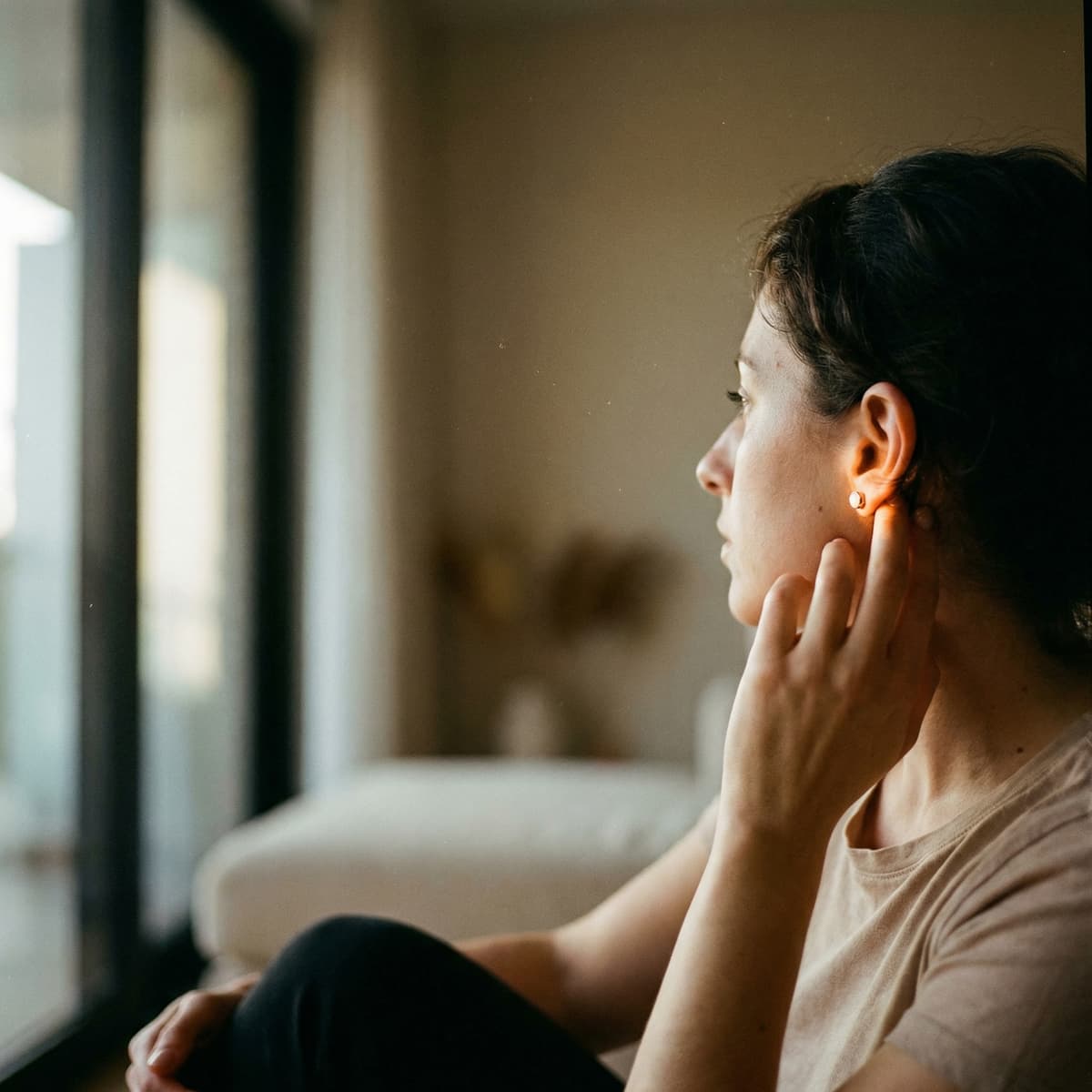 Mujer mirando por la ventana con un pequeño pendiente brillante, ideal para quienes usan un kit creación pendientes leche para convertir la leche materna en una joya recuerdo.