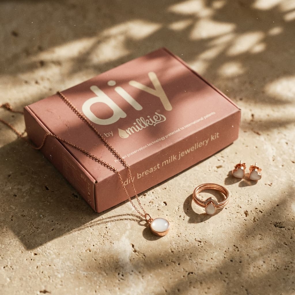 Caja de DIY by MILKIES con tecnología de preservación y joyas en tono oro rosa (collar, anillo y pendientes) para crear un kit diy joyas leche materna en casa.