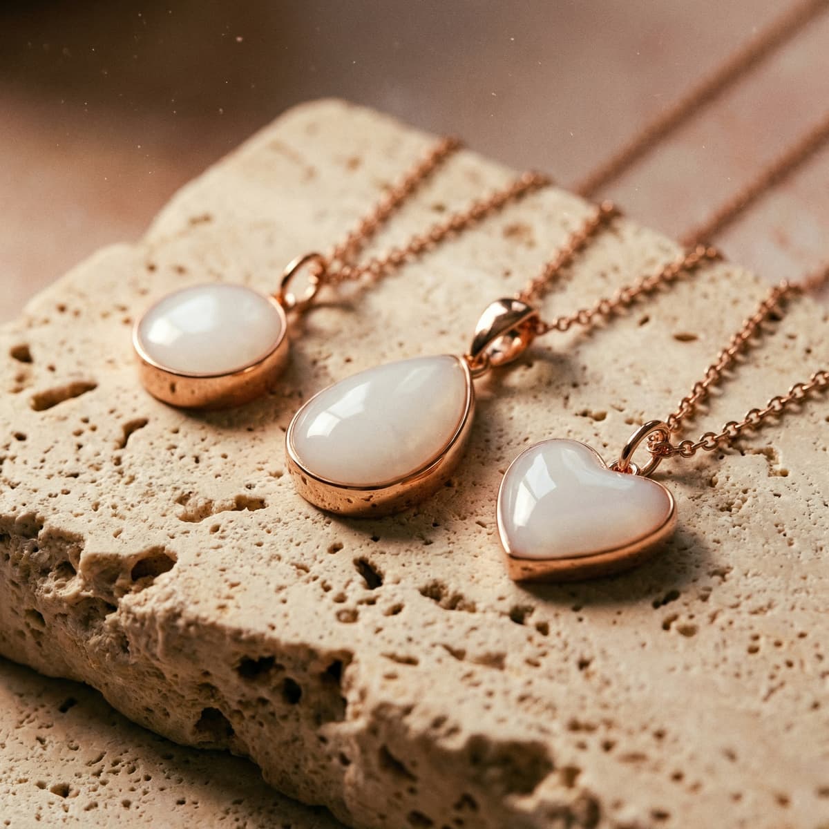 Colgantes con cabujón blanco en forma ovalada, gota y corazón en engaste color oro rosa sobre piedra beige, ideales como kit hacer colgante leche materna para crear un recuerdo personalizado.