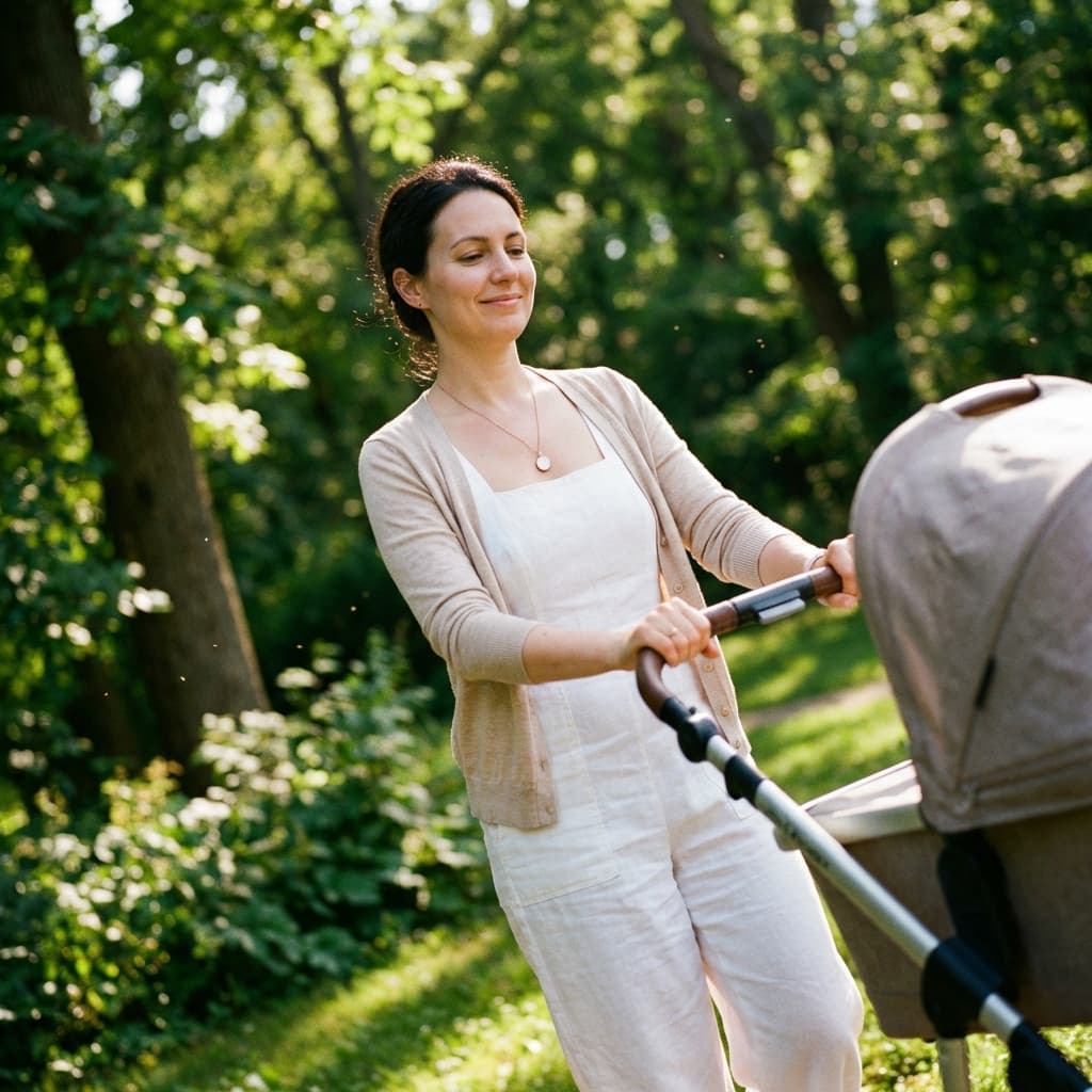 Madre paseando un cochecito de bebé en un parque soleado, imagen ideal para un kit hacer colgante leche materna como recuerdo personal.