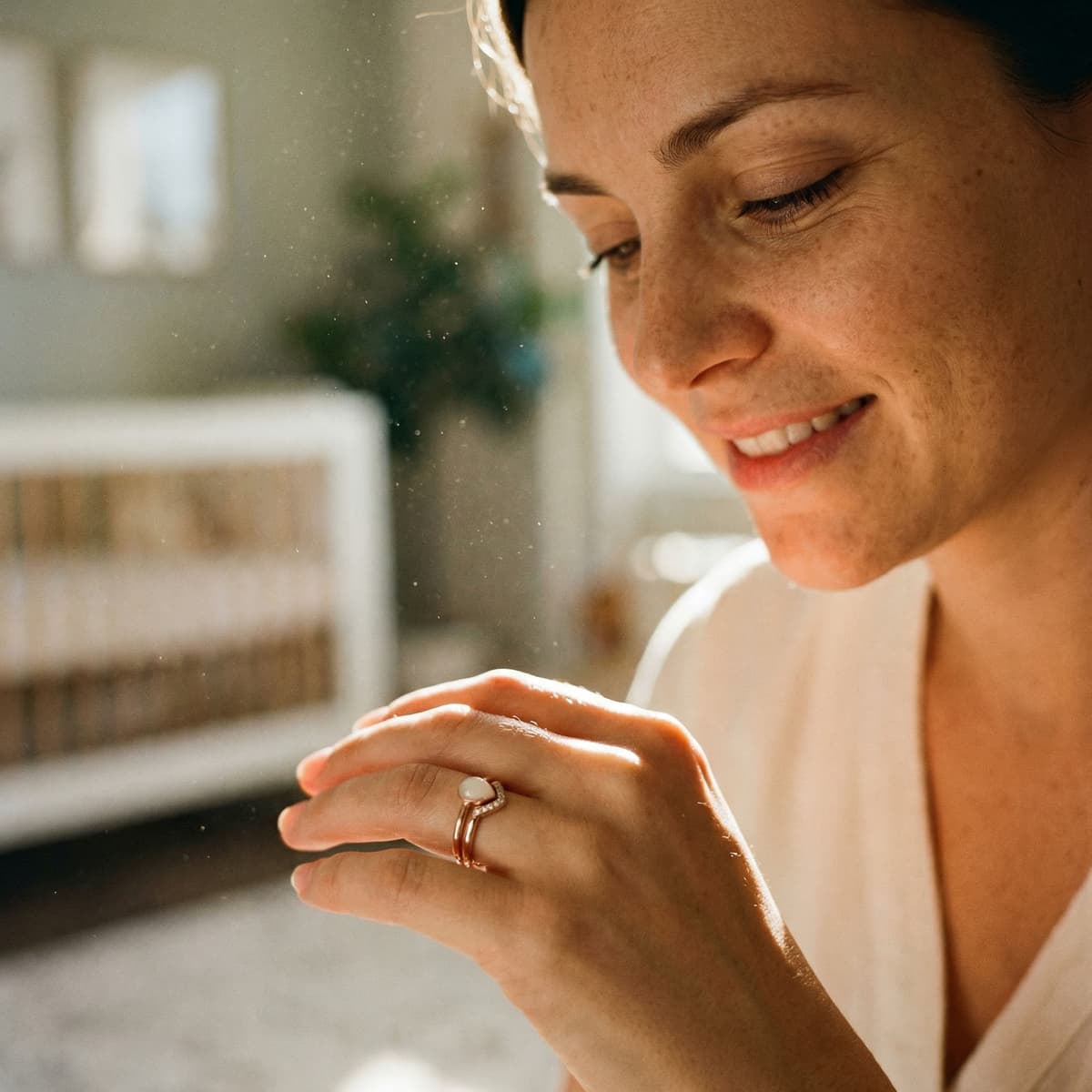 Madre sonriente en casa admirando un anillo con piedra blanca, mostrando por qué elegir un kit para hacer anillos de leche y crear un recuerdo íntimo y personal.