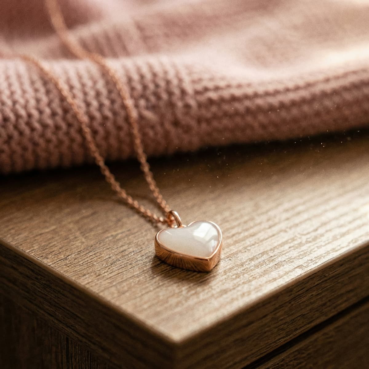 Collar con colgante de corazón en tono oro rosa con resina blanca sobre una superficie de madera, como ejemplo de un kit para hacer collares lactancia y crear joyería con leche materna en casa.