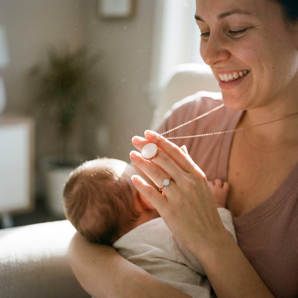 Madre sonriente sostiene a su bebé en brazos y muestra un colgante y un anillo con piedra blanca, joyas personalizadas hechas en casa con un kit para hacer joyas de leche materna.
