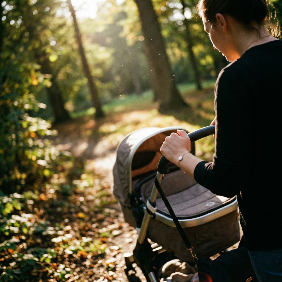 Madre paseando con cochecito por un sendero arbolado al atardecer, con pulsera de piedra blanca en la muñeca, ideal para un kit para hacer pulseras lactancia como recuerdo maternal.