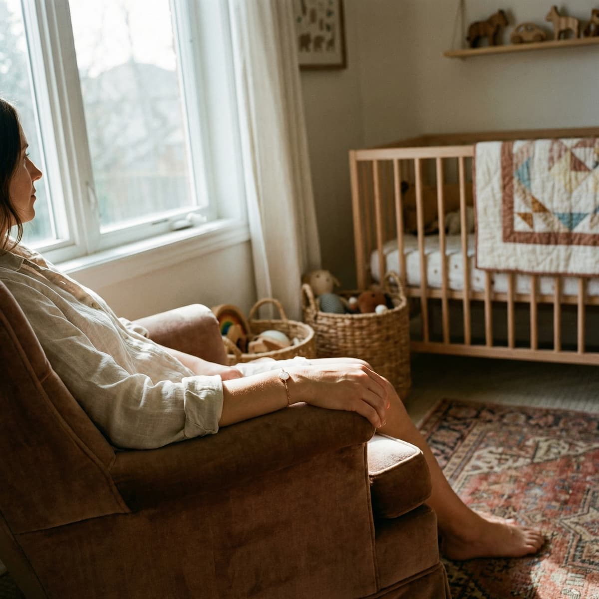 Madre sentada en un sillón junto a la ventana en una habitación infantil con cuna y juguetes, llevando una pulsera delicada e inspirándose en los materiales hacer pulsera leche de un kit DIY.