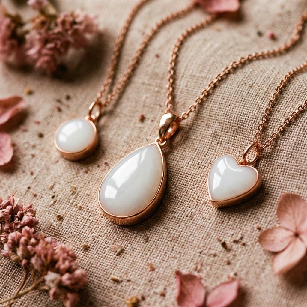Collares en baño de oro rosa con medallones de resina blanca (gota, corazón y círculo) sobre tela beige con flores secas, ideales para crear un medallon leche materna kit en casa.