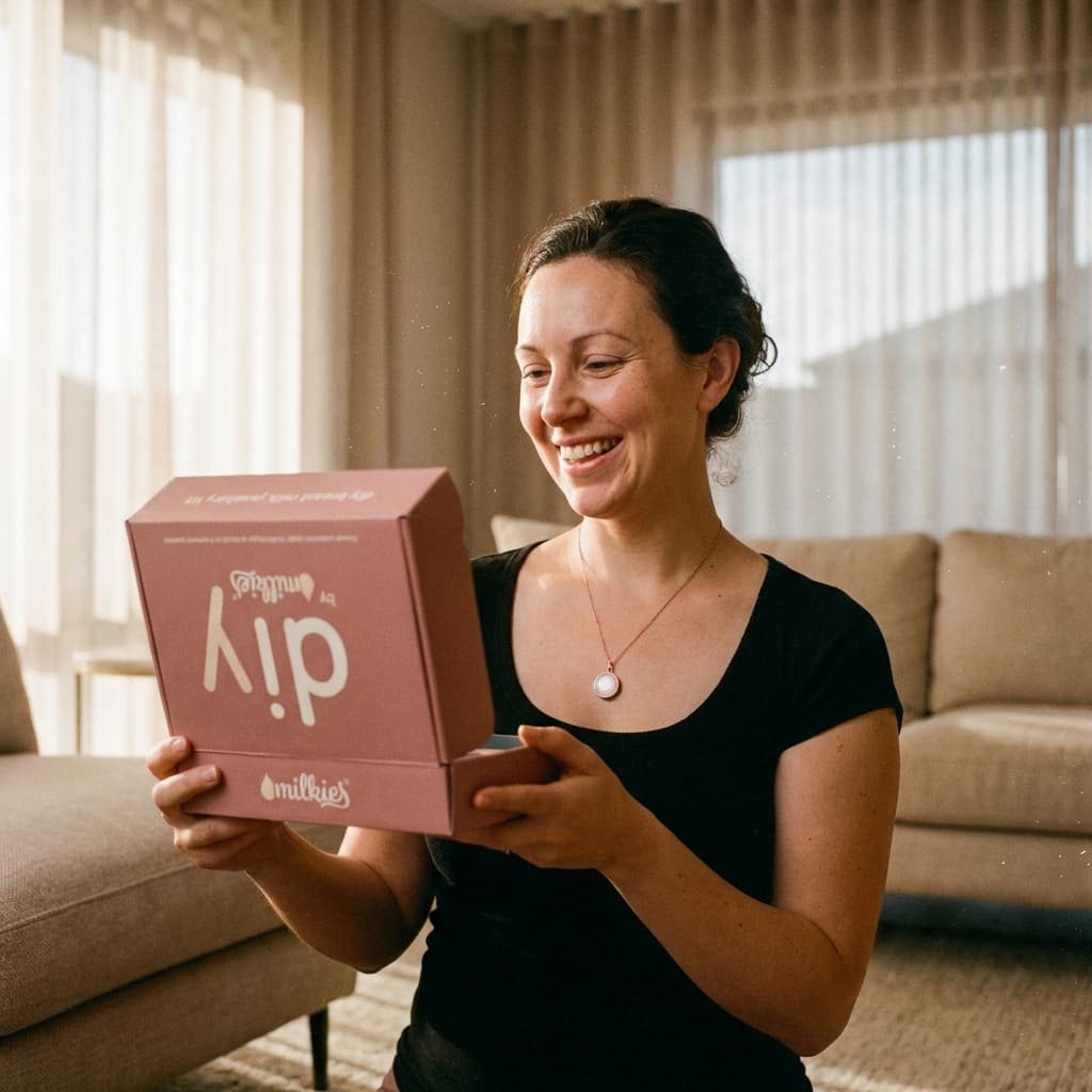 Madre sonriente en casa abriendo una caja DIY by MILKIES, mostrando por qué elegir un medallon leche materna kit para crear un recuerdo personal con privacidad y facilidad.