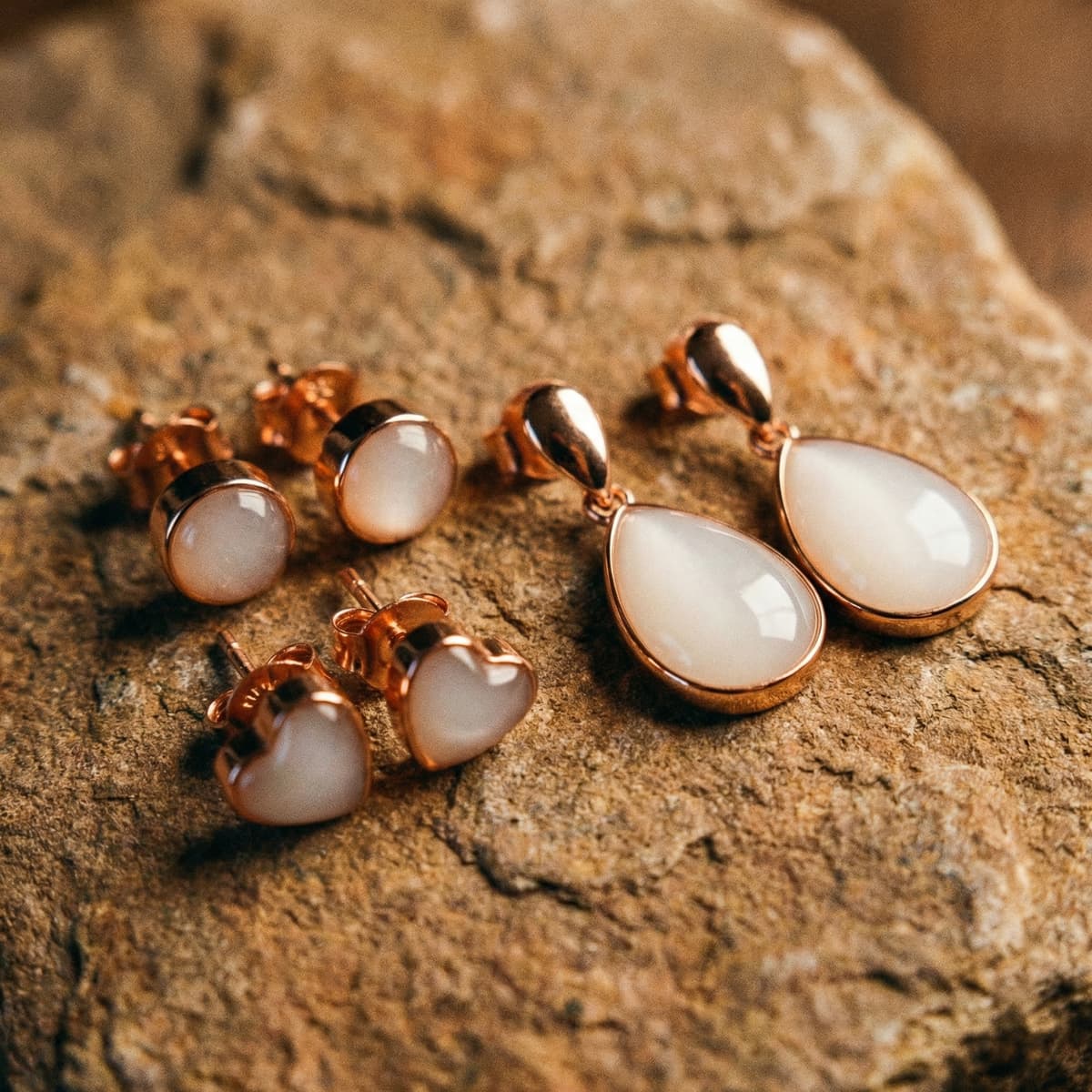 Conjunto de joyas en tono oro rosa con piedra blanca tipo leche, incluyendo pendientes leche materna diy en forma de studs redondos y de corazón, y pendientes colgantes en lágrima sobre fondo de piedra.