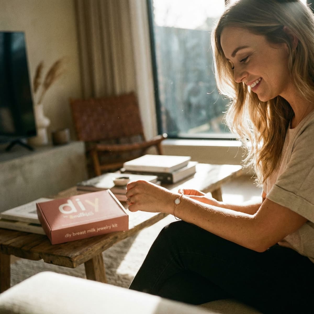 Madre sonriente creando en casa pulseras de lactancia y joyas recuerdo con el kit DIY by MILKIES, una opción práctica y privada para conservar un momento especial.