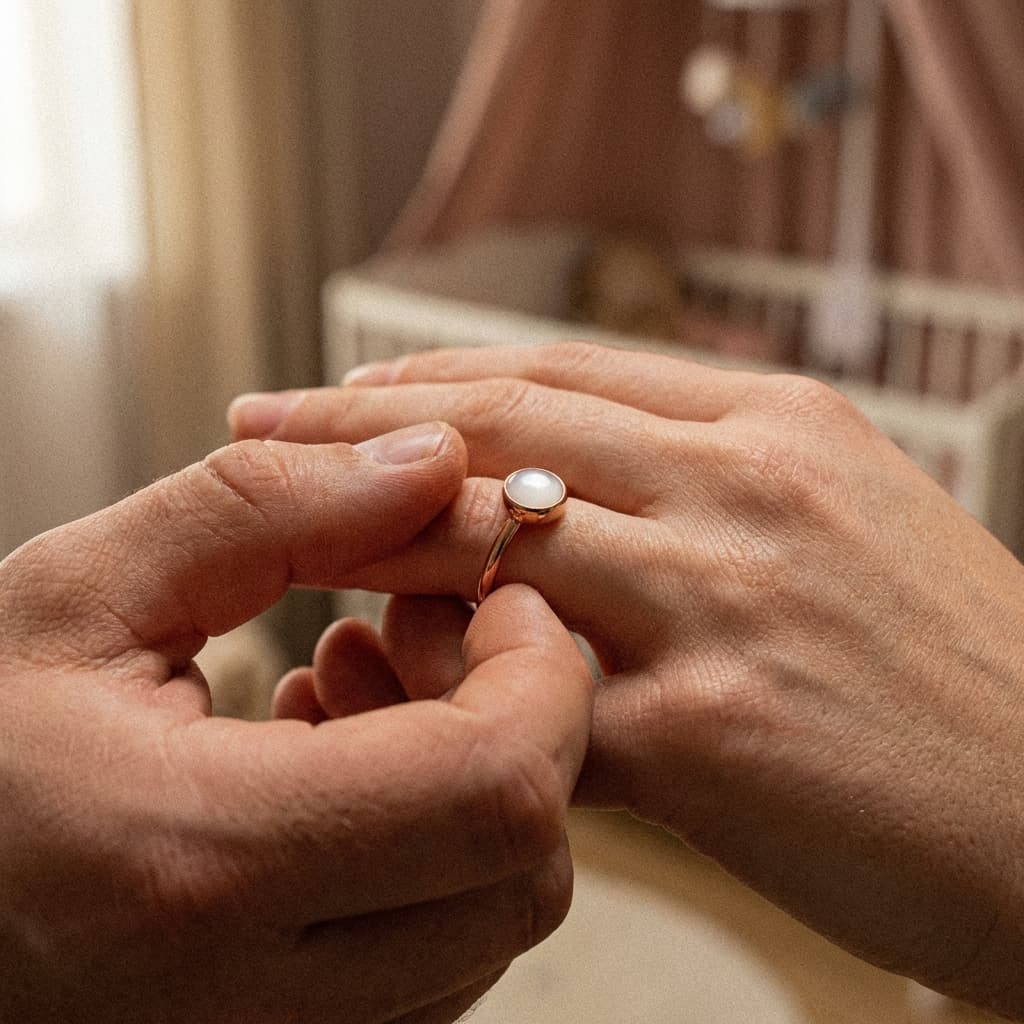 Manos colocando un anillo delicado con piedra blanca en un dedo, joya tipo recuerdo ideal como regalo dar a luz en un ambiente cálido y hogareño.