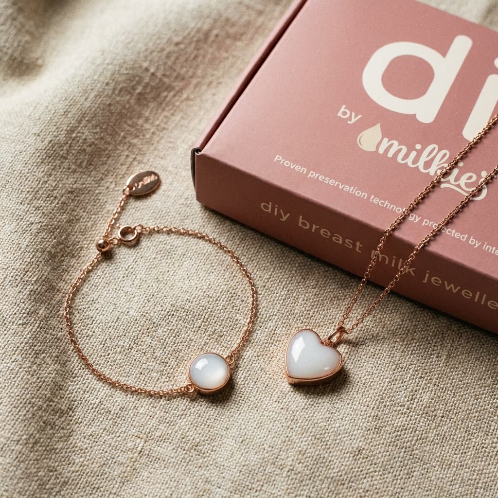 Kit DIY by MILKIES para joyería de leche materna con caja rosa, pulsera y collar de corazón en tono oro rosa, ideal como regalo dar a luz para mamá.