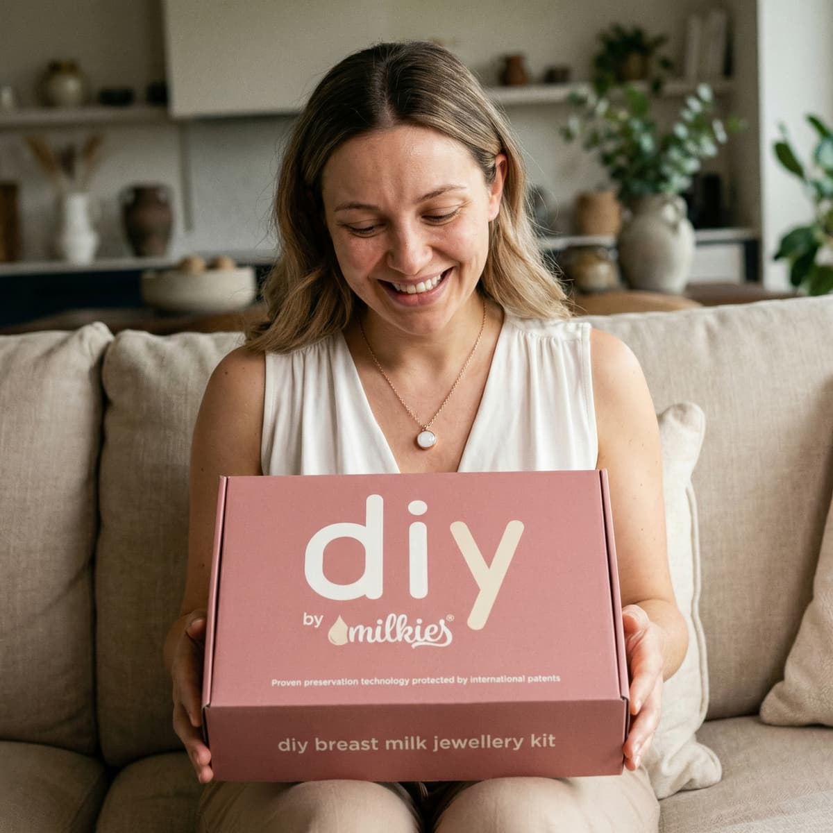 Mujer sonriente en casa sosteniendo una caja del kit “DIY by MILKIES” para crear joyería con leche materna, una idea original de regalos para recien nacidos y mamas gracias a su tecnología de conservación patentada y la posibilidad de hacer el recuerdo en casa.