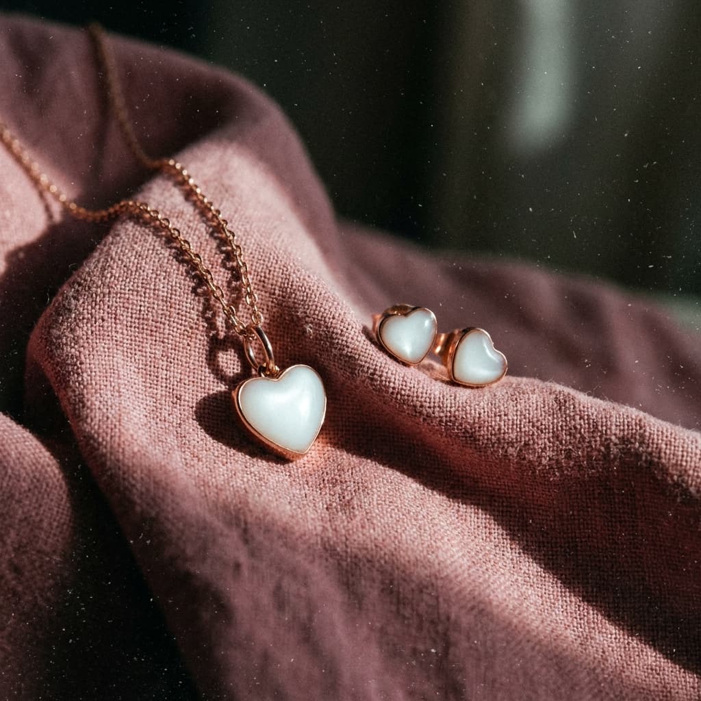 Collar y pendientes de corazón en tono dorado con centro blanco de resina para leche materna sobre tela rosa, con iluminación suave.