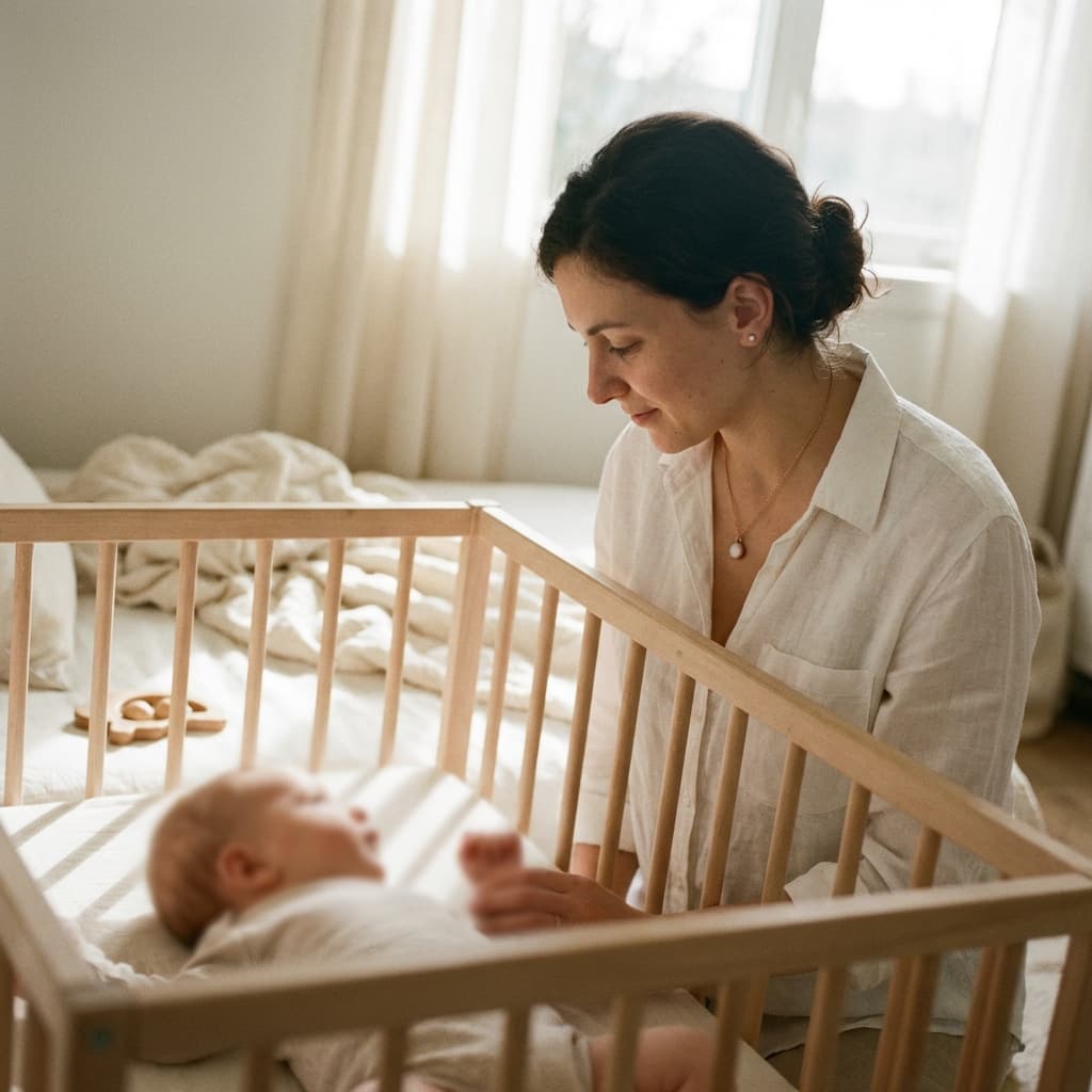Madre sentada junto a la cuna mirando a su bebé en una habitación luminosa, inspirando recuerdos con resina para leche materna en joyería personalizada.