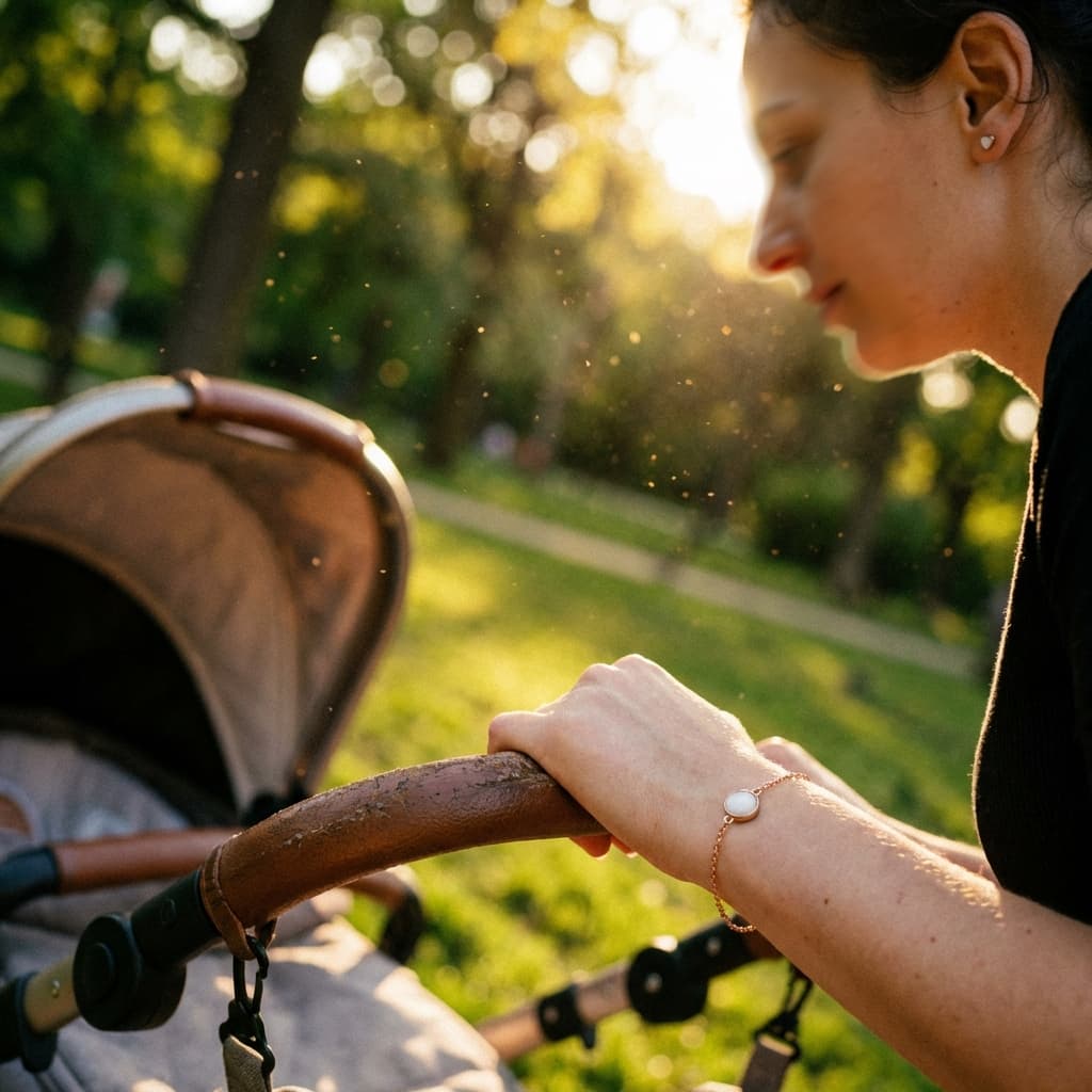 Madre paseando con cochecito en un parque al atardecer, luciendo una pulsera delicada de resina, inspirada en un set creación joyas lactancia para recuerdos personalizados.