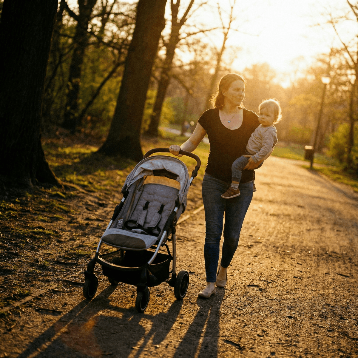 Madre paseando al atardecer por un parque con su bebé en brazos y un cochecito, evocando el recuerdo de la ultima toma pecho y la maternidad.